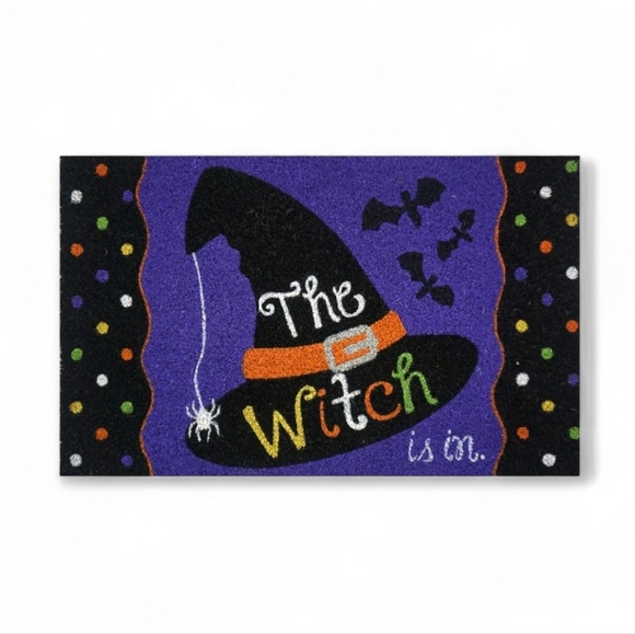 Halloween Front Doormat The Witch Is In Witches Black Hat Purple Black Spider - Picture 1 of 8